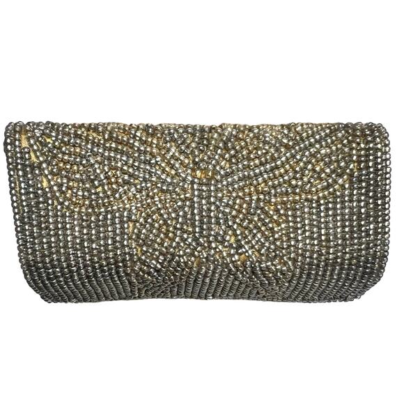 Vintage Black Silver Beaded Lipstick Case Butterfly Pattern Orange Satin Lined - Picture 2 of 6